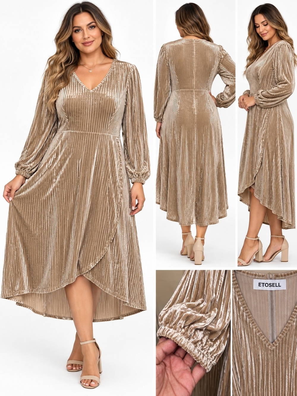 ETOSELL Velvet Midi Dress XL Champagne V Neck Puff Sleeve Wedding Guest